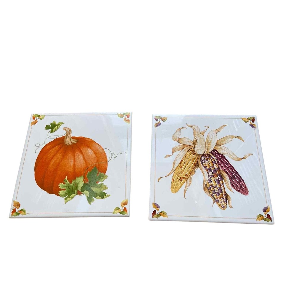 VTG 1984 Avon Shades of Autumn Pumpkin &‎ Corn Trivets Hanging Tiles